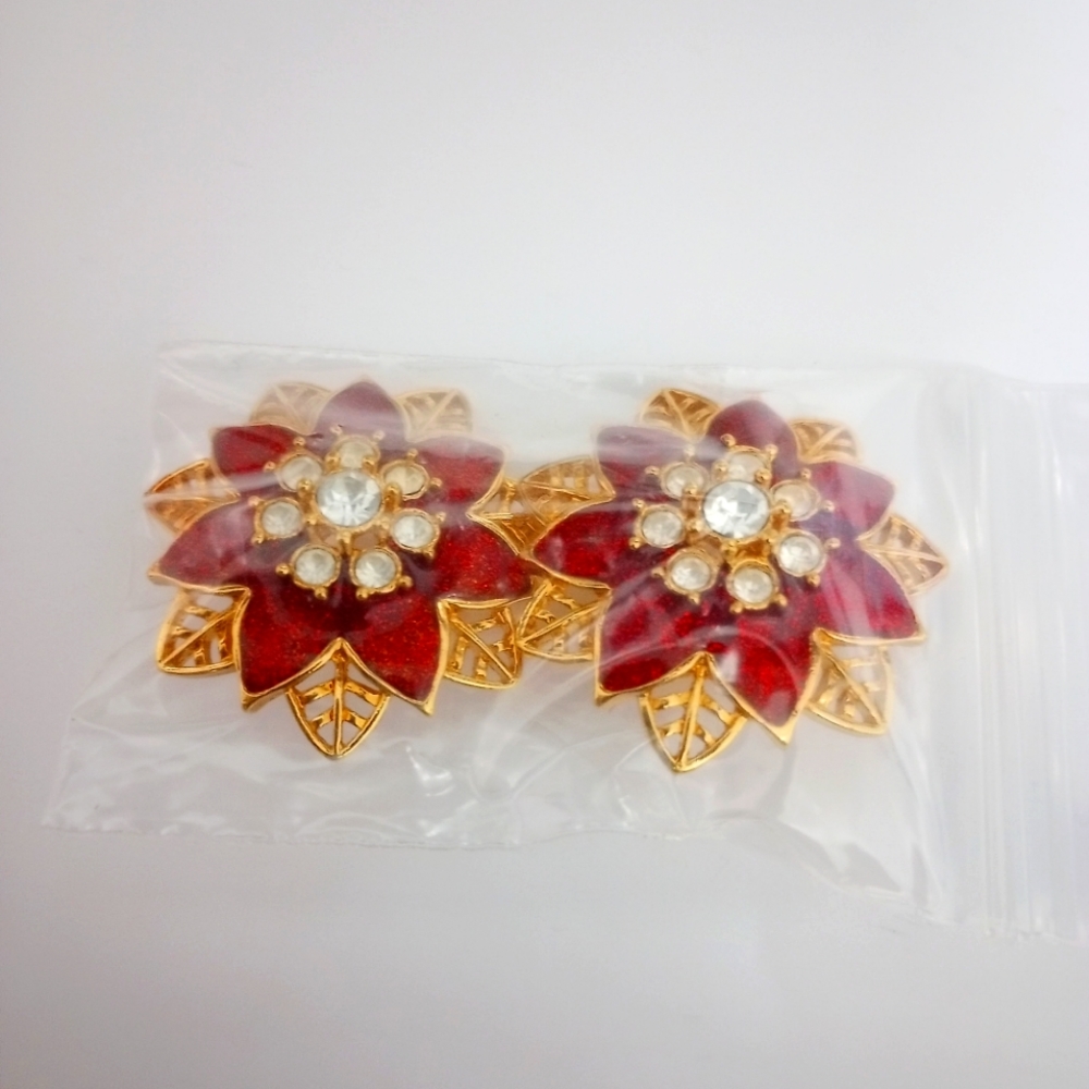 Ruby and Crystal holiday flowers brooch